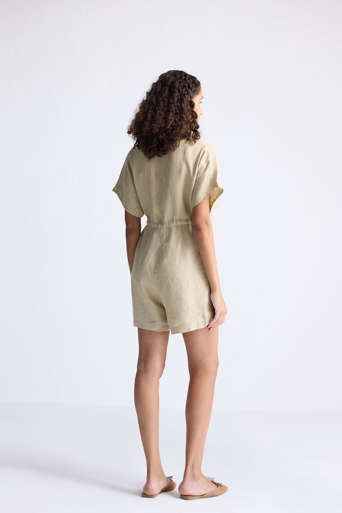 V neck Drawstring Romper in Neutral Beige from Reistor V neck Drawstring Romper in Neutral Beige from Reistor