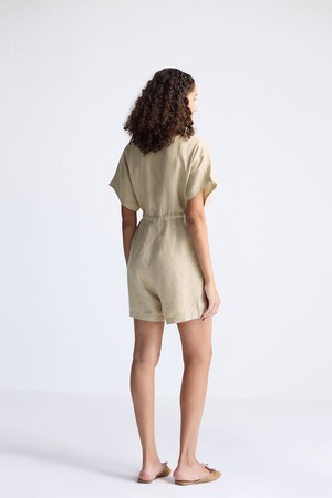 V neck Drawstring Romper in Neutral Beige from Reistor V neck Drawstring Romper in Neutral Beige from Reistor