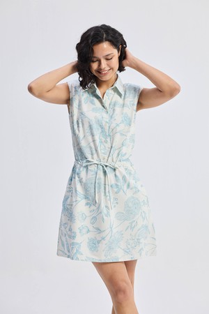 Drawstring Shirt Dress in Blue Florals from Reistor