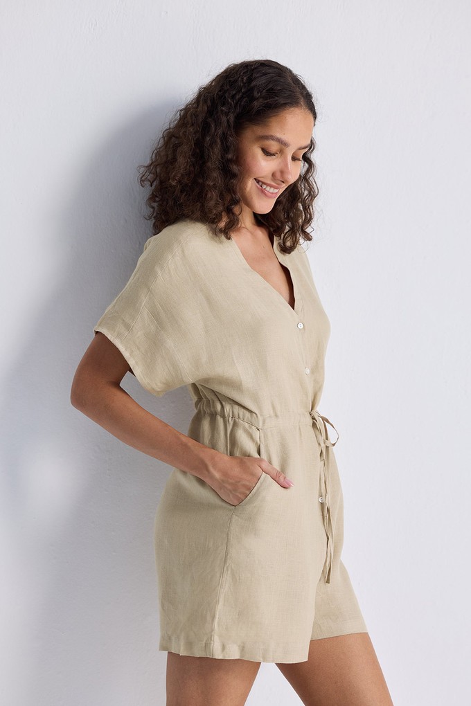 V neck Drawstring Romper in Neutral Beige from Reistor V neck Drawstring Romper in Neutral Beige from Reistor