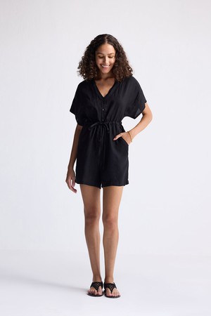 V neck Drawstring Romper in Black from Reistor