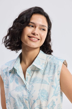 Drawstring Shirt Dress in Blue Florals from Reistor