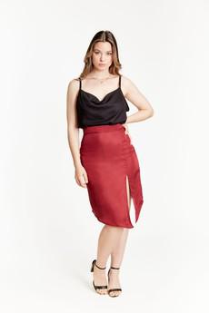 Dark Red Vegan Silk High Waisted Split Skirt from Roses & Lilies