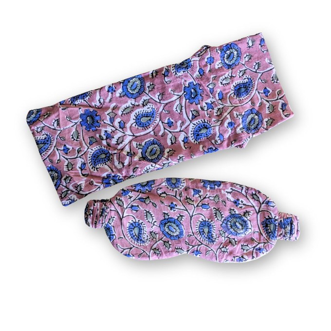 Lavender block printed cotton sleep eye mask with drawstring pouch, ethically handmade in India from Shakti.ism