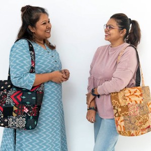 Colourful Sari Patchwork Tote Bags, Fair Trade Market Weekender Bag in Shades of Blue from Shakti.ism
