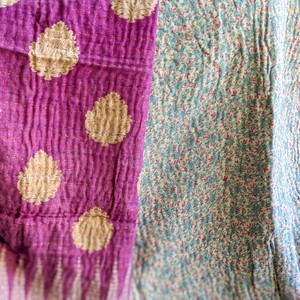 Mini kantha quilt in shades of blue, pink & beige, handwoven in Bangladesh from Shakti.ism