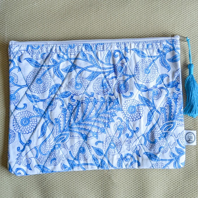 Quilted Block-Printed Zipper Pouch with Tassel from Shakti.ism