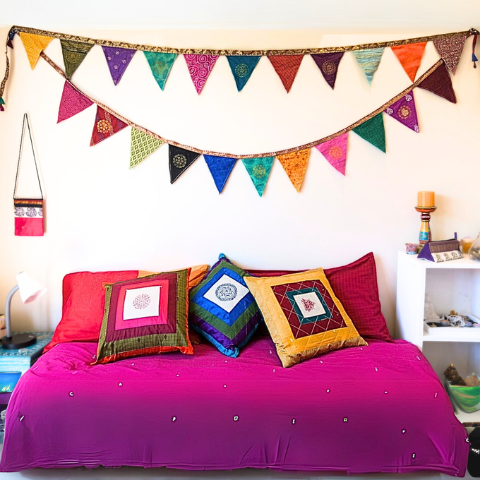 Upcycled sari flags, reusable sari bunting from Shakti.ism