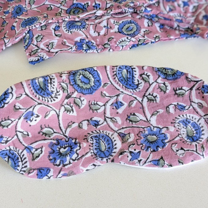 Lavender block printed cotton sleep eye mask with drawstring pouch, ethically handmade in India from Shakti.ism
