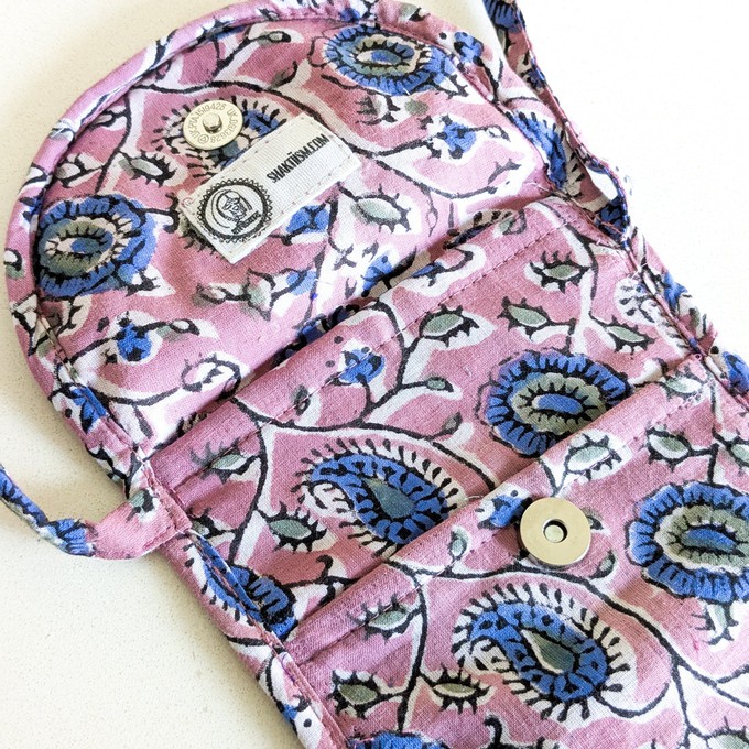 Lavender Block-Printed Crossbody Mobile Phone Cell Phone Bag With Slim Pocket from Shakti.ism