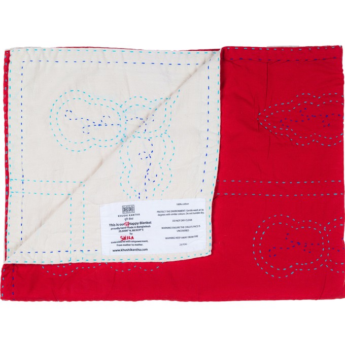 Embroidered, 100% cotton kantha baby blanket in red and white leaf design by Khushi Kantha from Shakti.ism