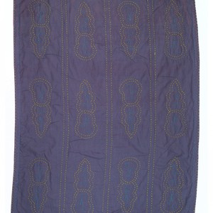 Embroidered, 100% cotton kantha baby blanket in pink and grey leaf design by Khushi Kantha from Shakti.ism