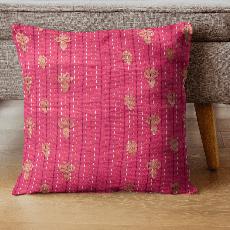 Cotton sari cushion cover with kantha stitching via Shakti.ism