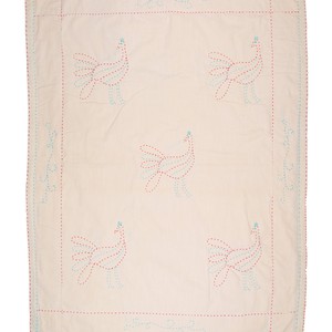 Embroidered, 100% cotton kantha baby blanket in grey and white peacock design by Khushi Kantha from Shakti.ism