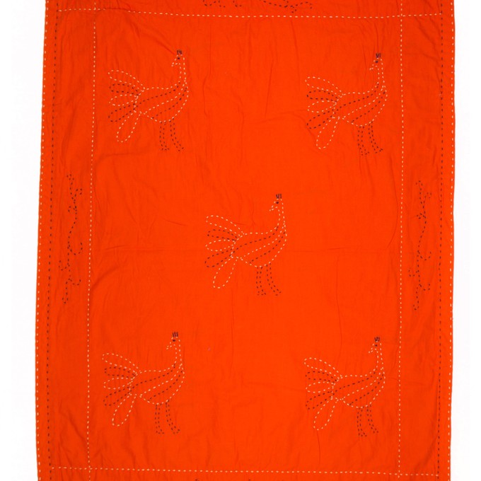 Embroidered, 100% cotton kantha baby blanket in red and orange peacock design by Khushi Kantha from Shakti.ism