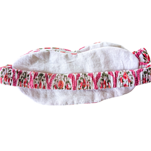 Pink block printed cotton sleep eye mask with drawstring pouch, ethically handmade in India from Shakti.ism