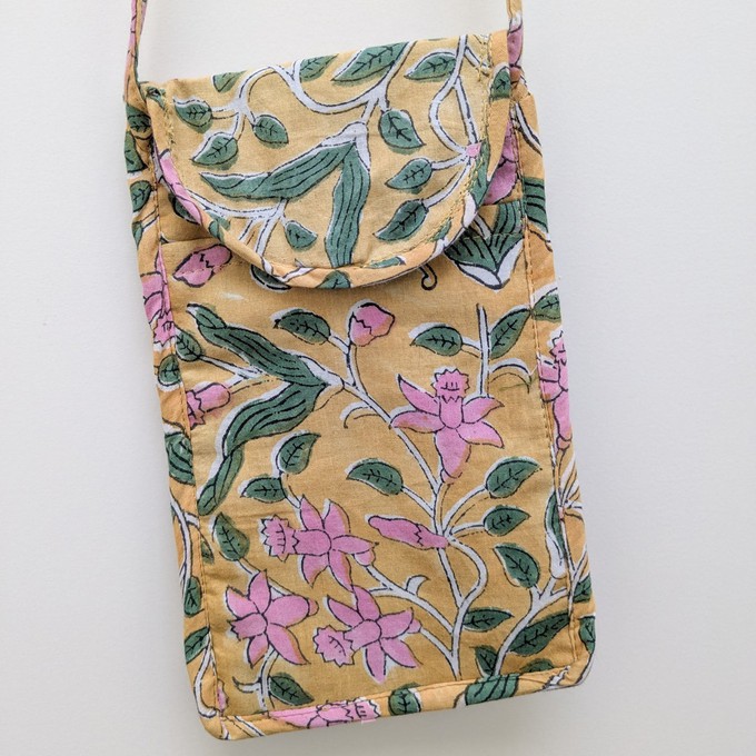 Yellow Block-Printed Crossbody Mobile Phone Cell Phone Bag With Slim Pocket from Shakti.ism