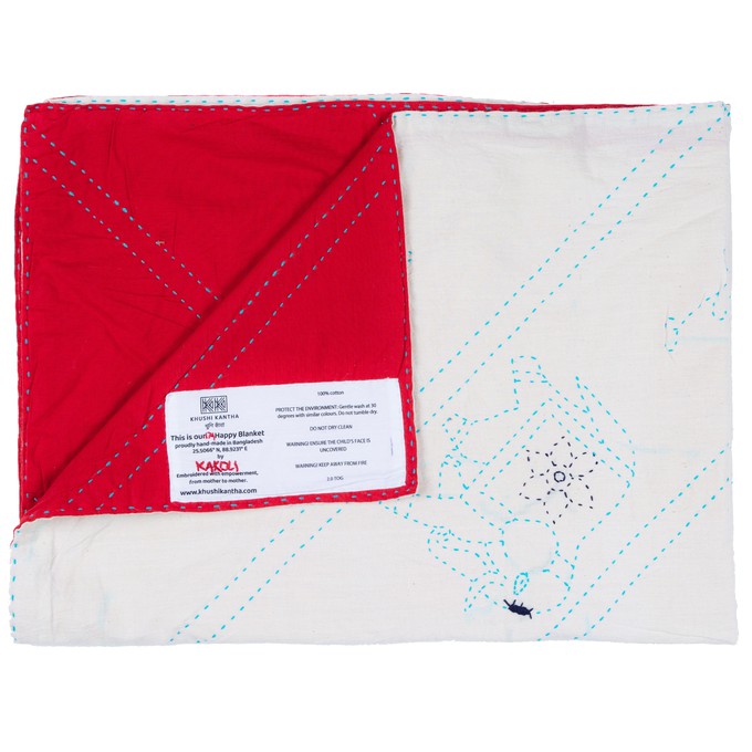 Embroidered, 100% cotton kantha baby blanket in red and white elephant design by Khushi Kantha from Shakti.ism