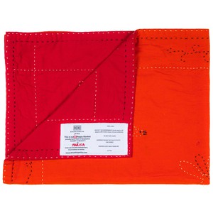 Embroidered, 100% cotton kantha baby blanket in red and orange peacock design by Khushi Kantha from Shakti.ism