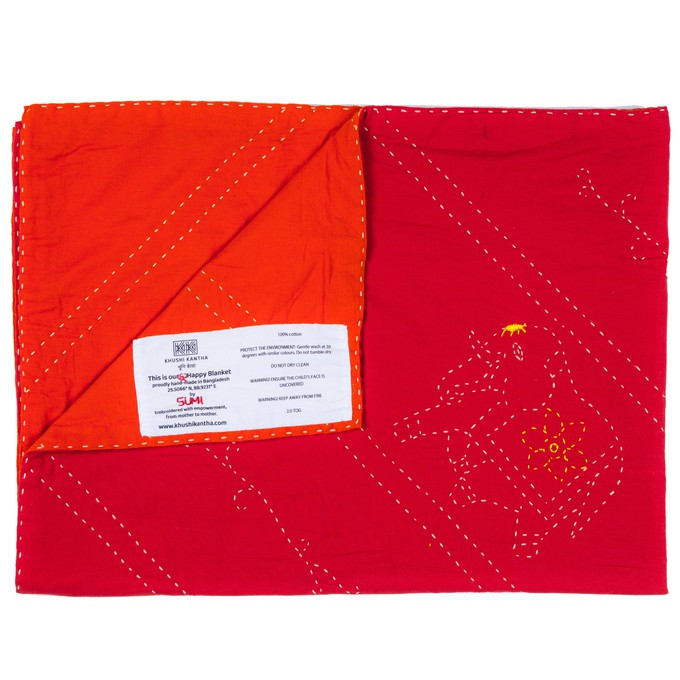 Embroidered, 100% cotton kantha baby blanket in red and orange elephant design by Khushi Kantha from Shakti.ism