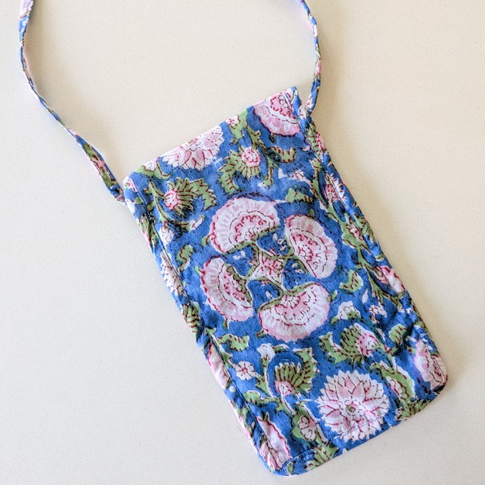 Blue Block-Printed Crossbody Mobile Phone Cell Phone Bag With Slim Pocket from Shakti.ism