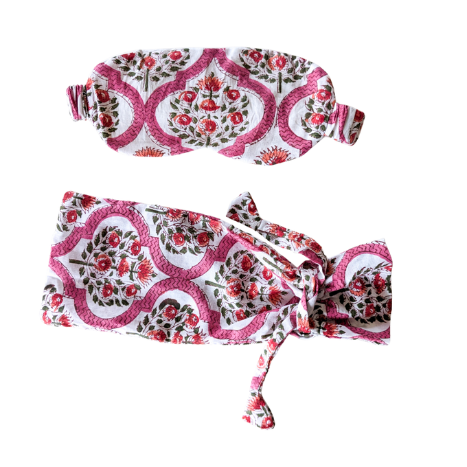 Pink block printed cotton sleep eye mask with drawstring pouch, ethically handmade in India from Shakti.ism