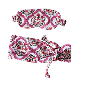 Pink block printed cotton sleep eye mask with drawstring pouch, ethically handmade in India from Shakti.ism
