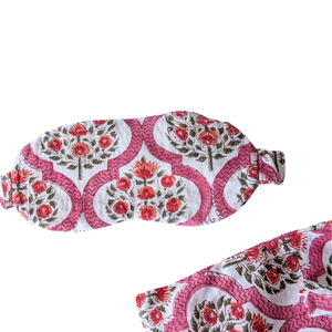 Pink block printed cotton sleep eye mask with drawstring pouch, ethically handmade in India from Shakti.ism
