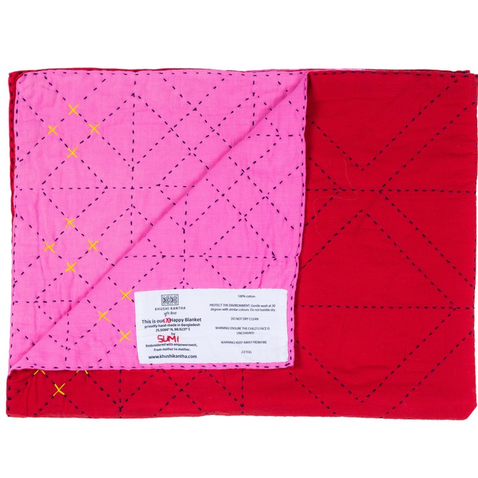 Embroidered, 100% cotton kantha baby blanket in pink and red geometric design by Khushi Kantha from Shakti.ism