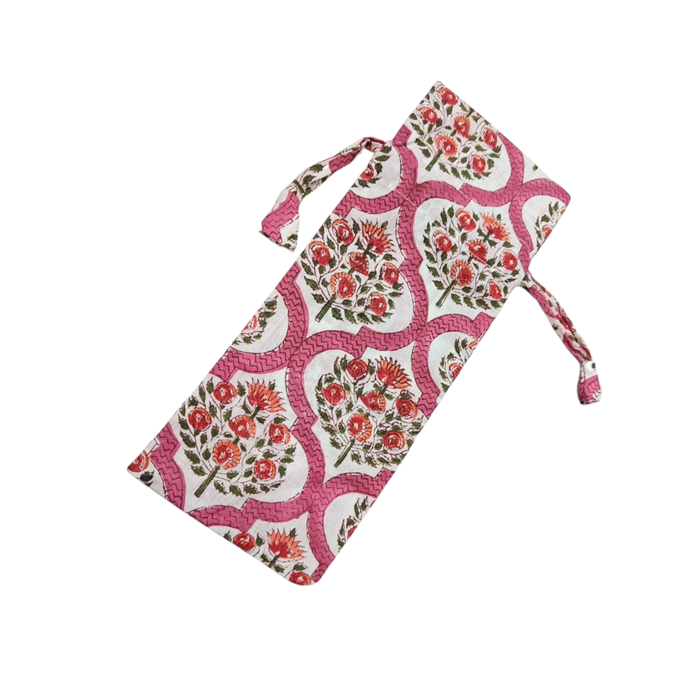 Pink block printed cotton sleep eye mask with drawstring pouch, ethically handmade in India from Shakti.ism