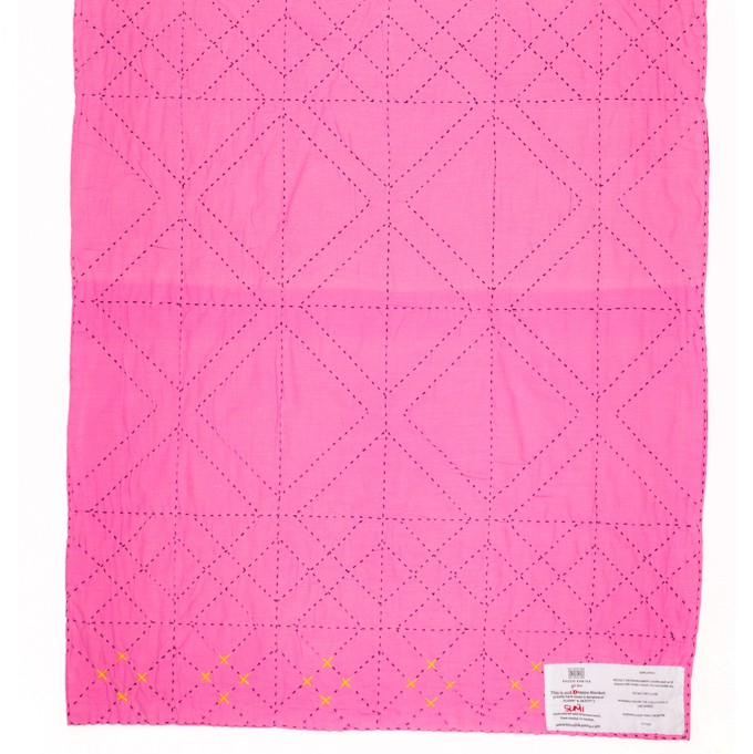 Embroidered, 100% cotton kantha baby blanket in pink and red geometric design by Khushi Kantha from Shakti.ism