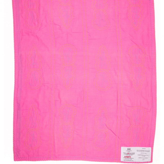 Embroidered, 100% cotton kantha baby blanket in pink and grey leaf design by Khushi Kantha from Shakti.ism