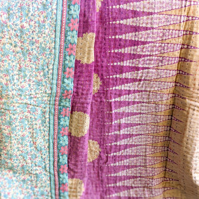 Mini kantha quilt in shades of blue, pink & beige, handwoven in Bangladesh from Shakti.ism