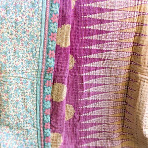 Mini kantha quilt in shades of blue, pink & beige, handwoven in Bangladesh from Shakti.ism