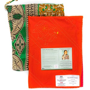 Embroidered, 100% cotton kantha baby blanket in red and orange elephant design by Khushi Kantha from Shakti.ism