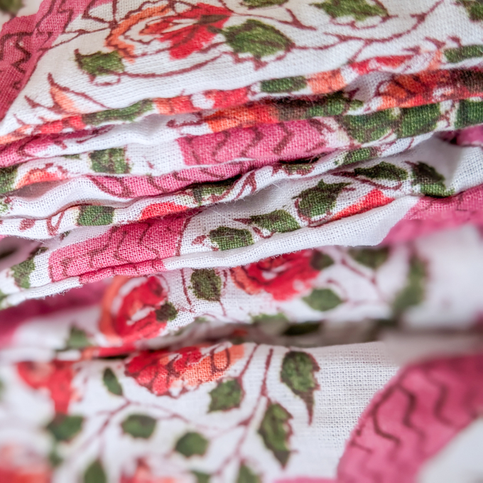 Pink block printed cotton sleep eye mask with drawstring pouch, ethically handmade in India from Shakti.ism