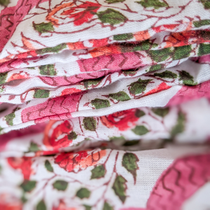Pink block printed cotton sleep eye mask with drawstring pouch, ethically handmade in India from Shakti.ism