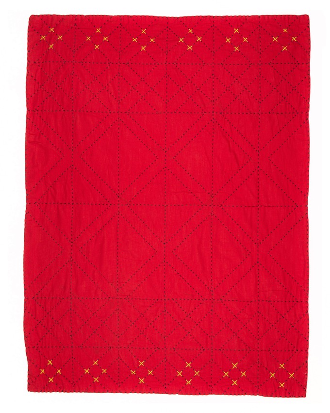 Embroidered, 100% cotton kantha baby blanket in pink and red geometric design by Khushi Kantha from Shakti.ism