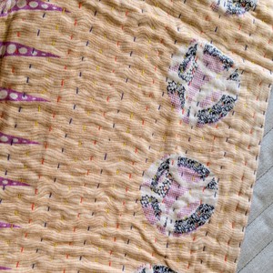 Mini kantha quilt in shades of blue, pink & beige, handwoven in Bangladesh from Shakti.ism
