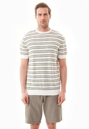 T-Shirt With Stripes Fine Knit Khaki Green & Off White from Shop Like You Give a Damn T-Shirt With Stripes Fine Knit Khaki Green & Off White from Shop Like You Give a Damn