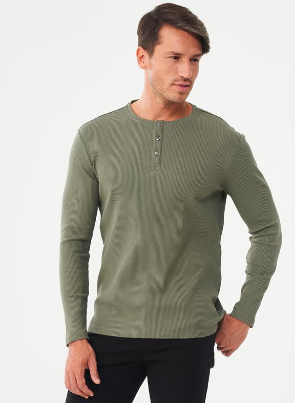 Ribbed Henley Shirt Khaki from Shop Like You Give a Damn