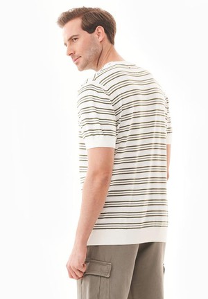 T-Shirt With Stripes Fine Knit Khaki Green & Off White from Shop Like You Give a Damn T-Shirt With Stripes Fine Knit Khaki Green & Off White from Shop Like You Give a Damn