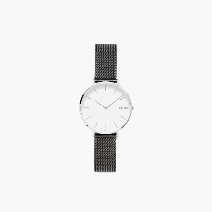 White Mini Solar Watch | Black Mesh from Solios Watches