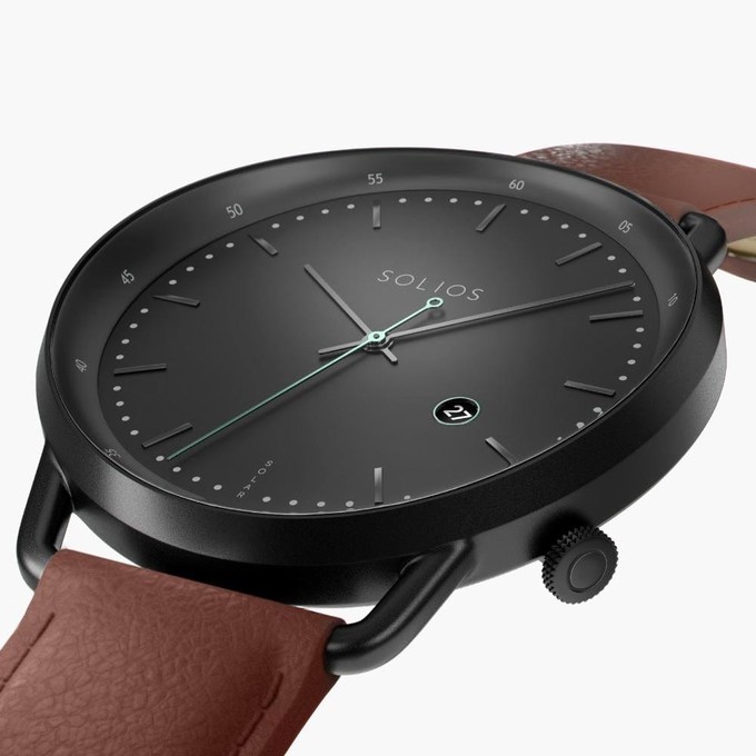 Black Curve Solar Watch | Brown Vegan Leather from Solios Watches