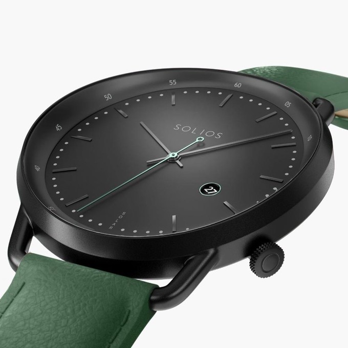 Black Curve Solar Watch | Green Vegan Leather from Solios Watches