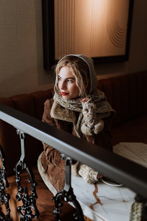 Davida Luxurious Scarf in Double Knit Velvet & Merino Blend - Grey/Golden from STUDIO MYR
