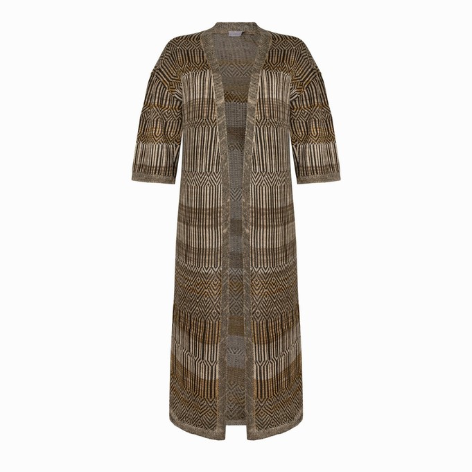 Dogon Linen Blend Tribal Jacquard Knitted Kimono Cardigan - Black/Neutrals from STUDIO MYR