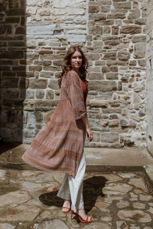 Himba Linen Blend Tribal Jacquard Kimono Cardigan - Brown/Neutrals from STUDIO MYR