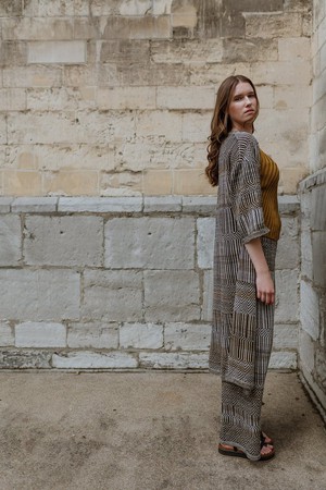 Dogon Linen Blend Tribal Jacquard Knitted Kimono Cardigan - Black/Neutrals from STUDIO MYR