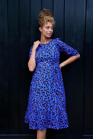 Sadie Blue Leopard Print Nursing Dress from Tilbea London